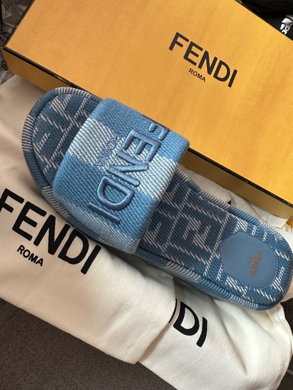 Fendi FF Monogram Denim Slides